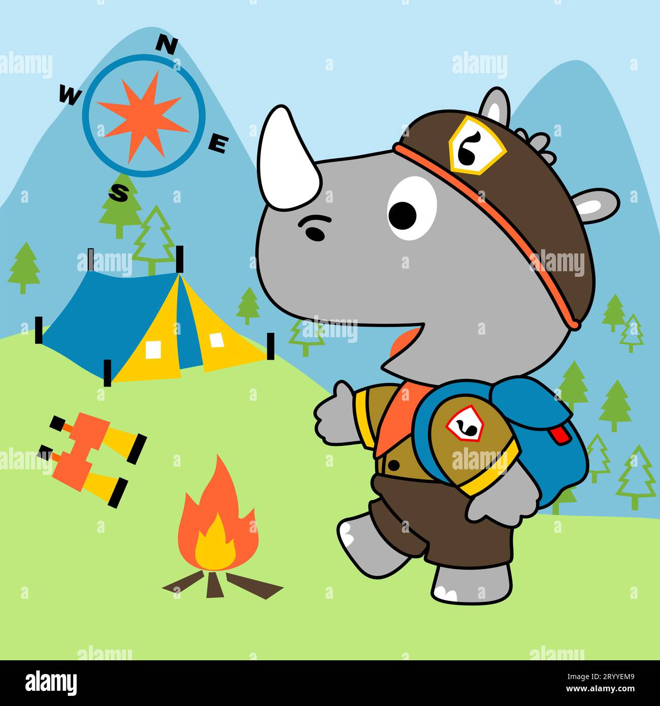 Little rhino in scout uniform with camping elements, vector cartoon illustration Stock Vector