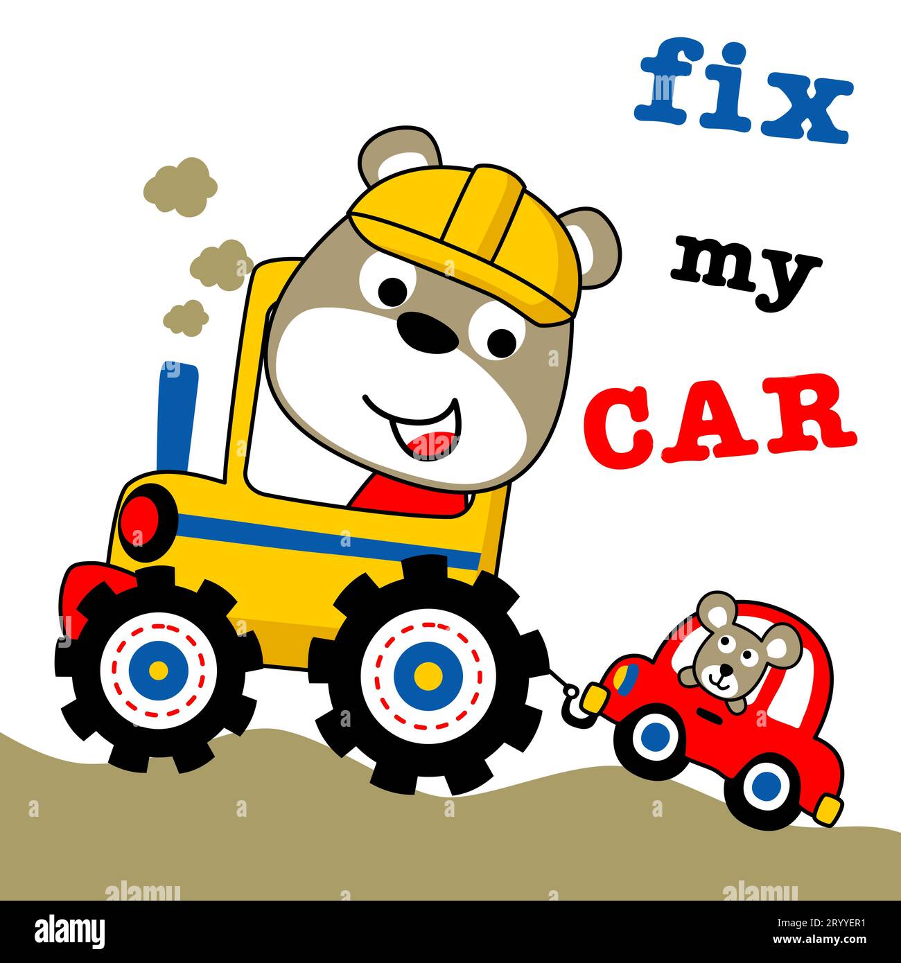 Cute bear riding tractor pulling little car with mouse, vector cartoon
