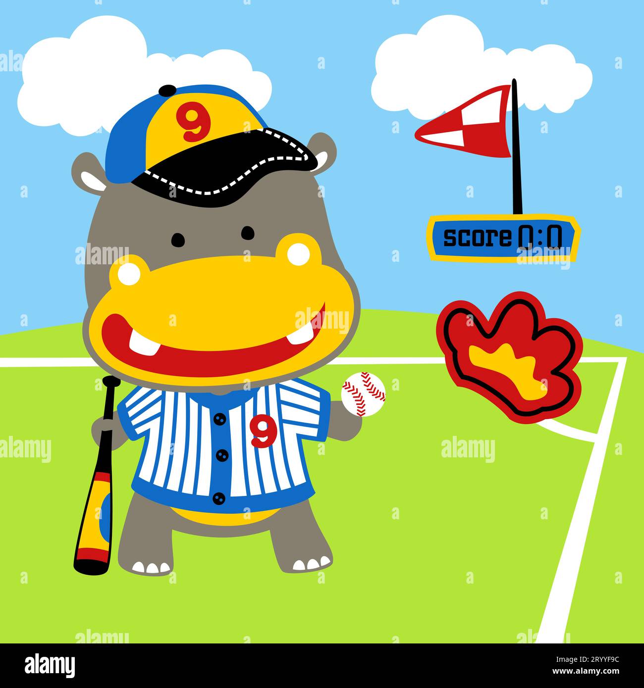 Cute hippo in baseball player costume with baseball elements, vector cartoon illustration Stock Vector