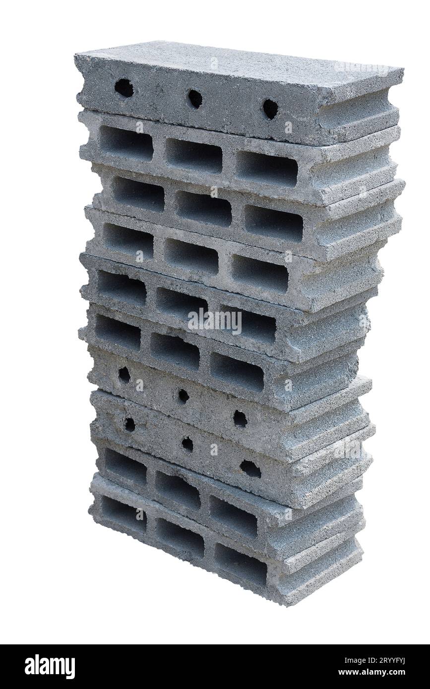 Stack of cement brick block on isolated white background with clipping path. Object and Structure concept. Architecture and Buil Stock Photo