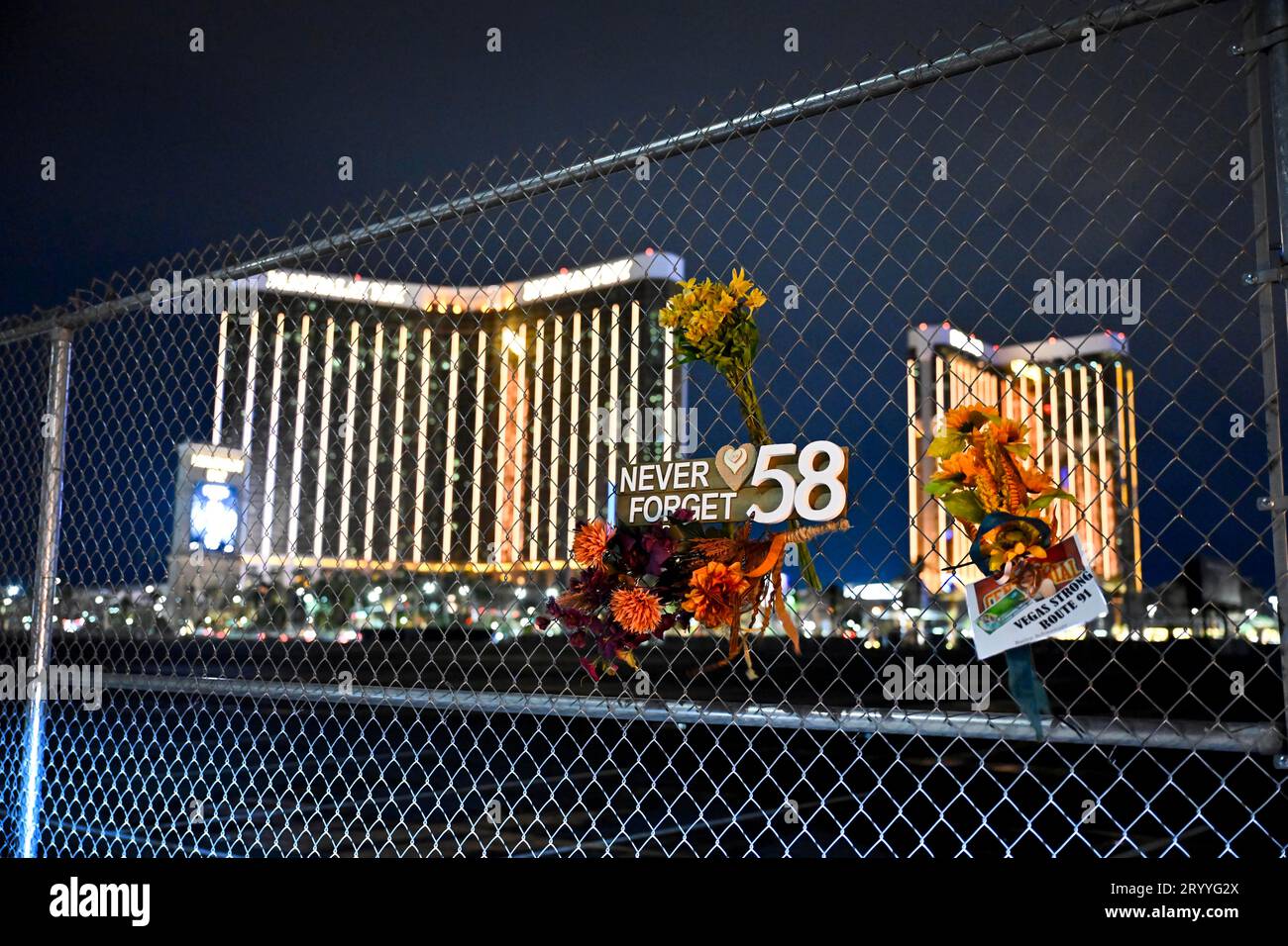 Las Vegas, Nevada, USA. 1st Oct, 2023. Memorial signs are seen at the site of the 2017 Las Vegas