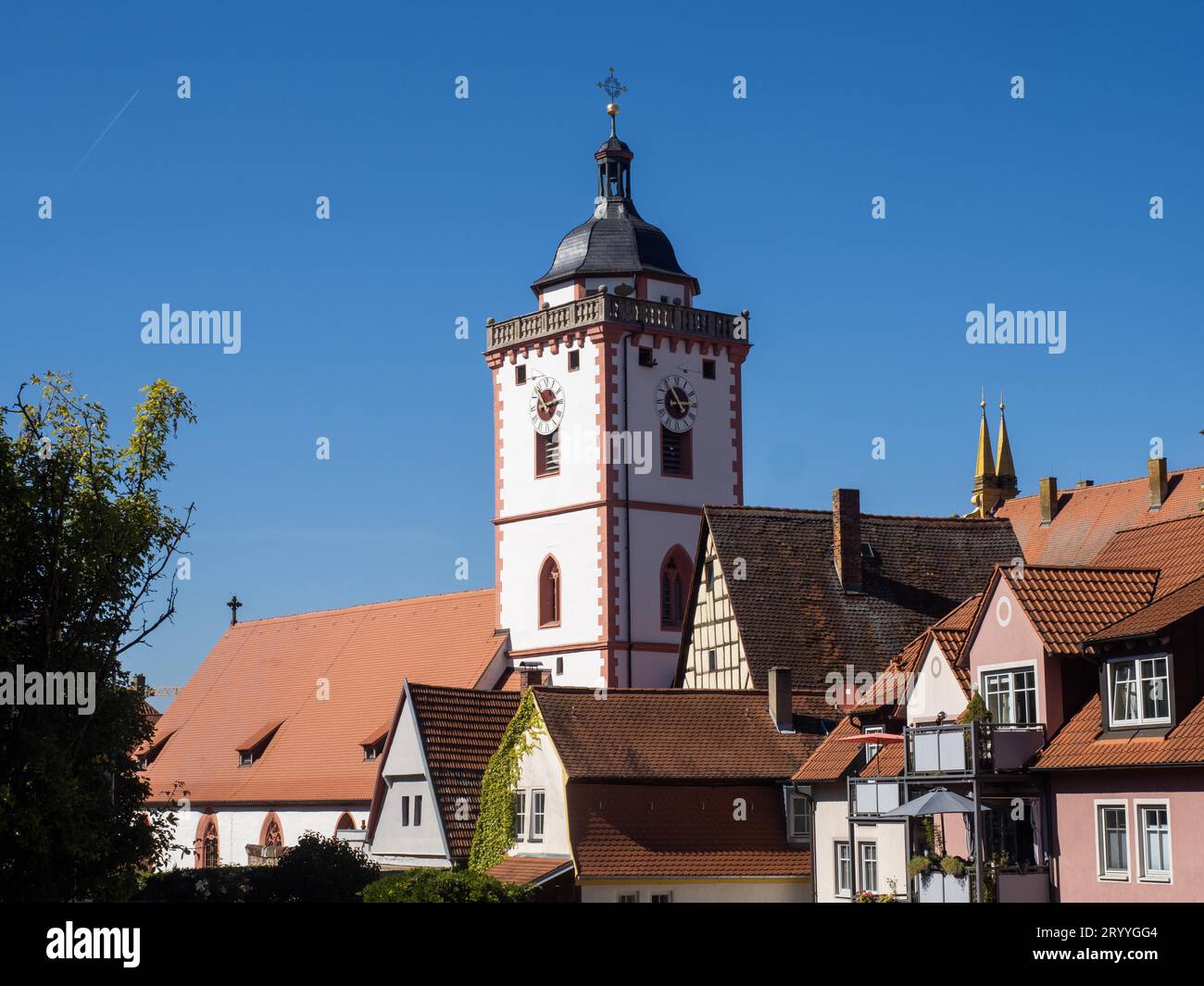 Town of Marktbreit, tower of the church of St. Nicholas, district of Kitzingen, Lower Franconia, Bavaria, Germany Stock Photo