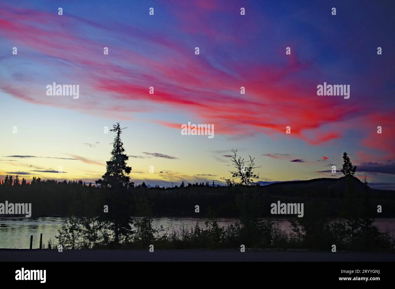 Colourful sunset at the Yukon River, Carmacks, Summer, Yukon Territory