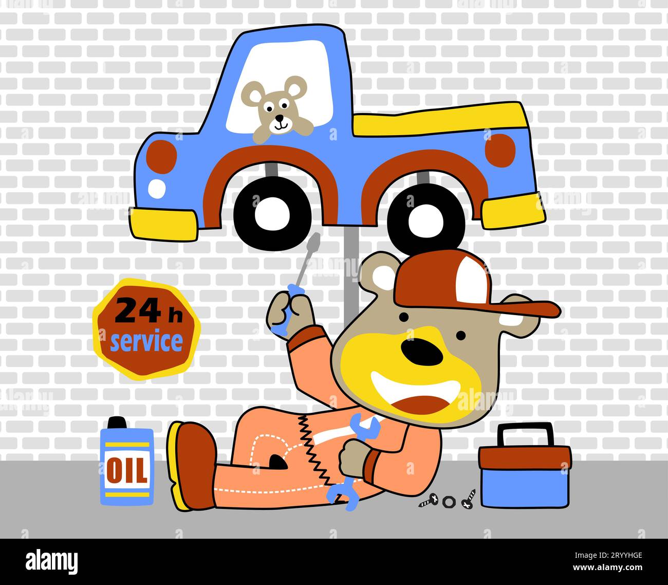 Funny bear in mechanic costume repairing a car, auto repair shop elements with a mice, vector cartoon illustration Stock Vector