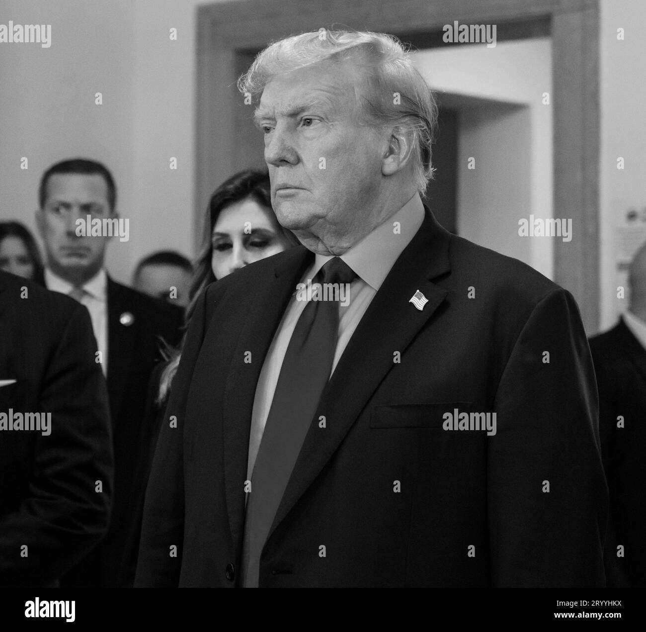 Former President Donald Trump speaks to press before the start of civil ...