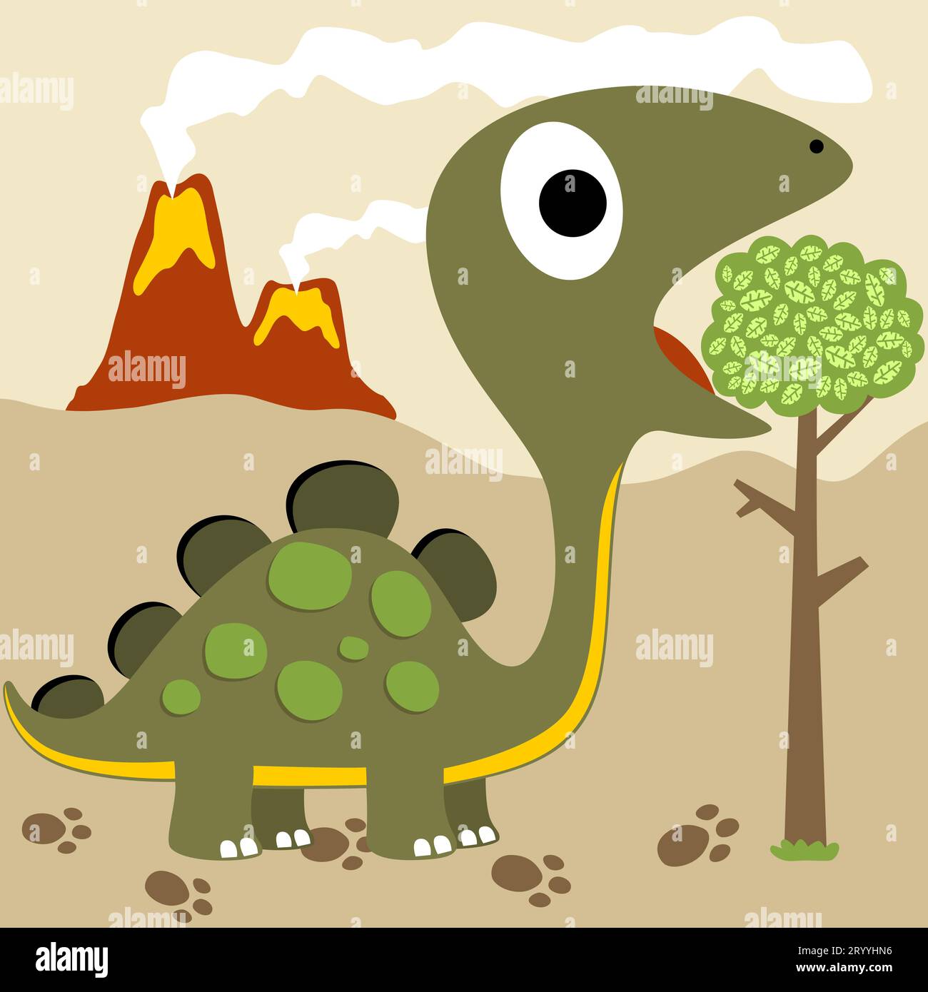 Cute dinosaur eat leaves on volcano eruption background, vector cartoon illustration Stock Vector