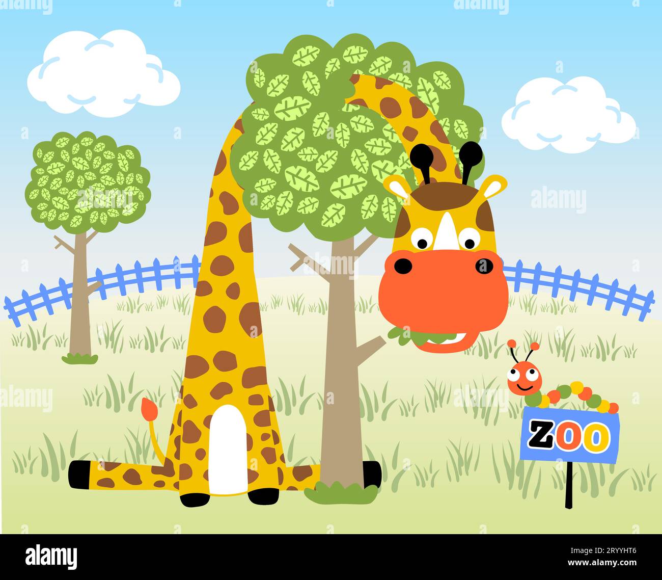 vector cartoon illustration, giraffe and caterpillar in the zoo Stock Vector