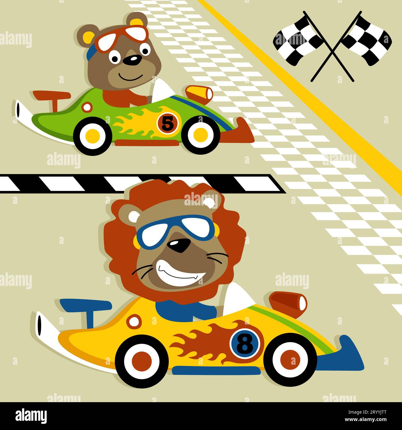 Funny animal racing car championship, cute bear and lion on racing car