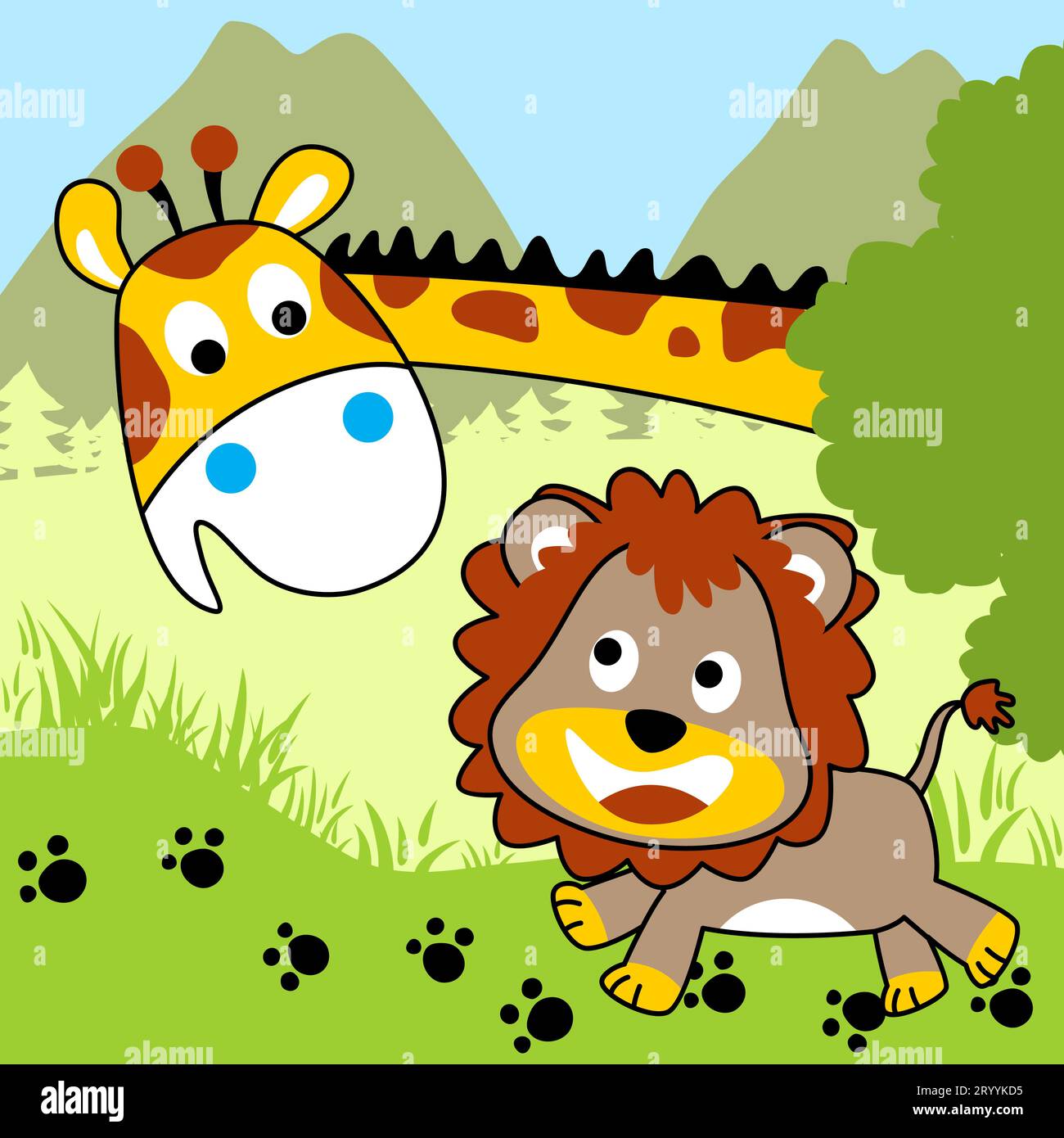 Funny giraffe and lion playing hide and seek game, vector cartoon