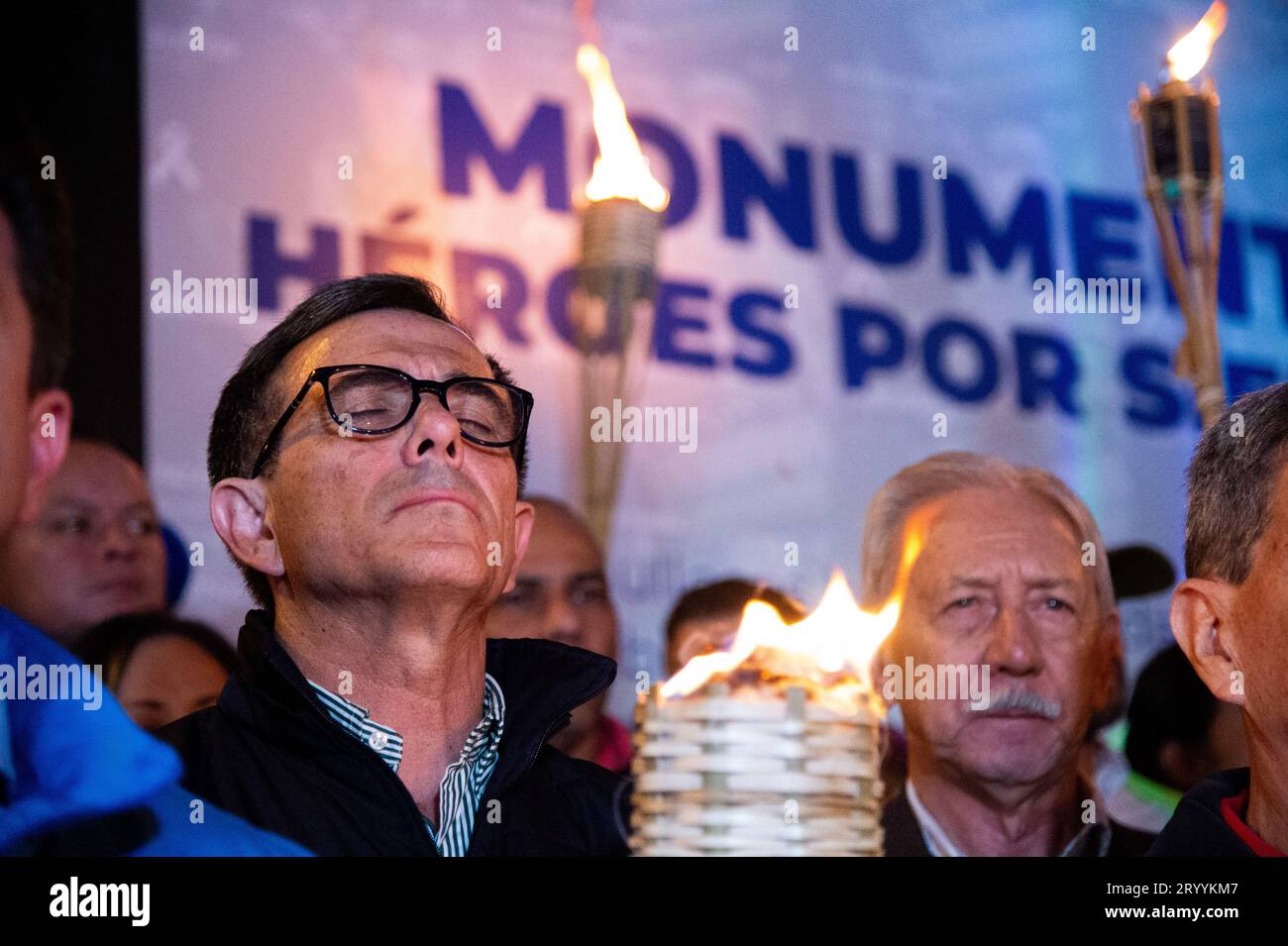 Bogota, Colombia. 02nd Oct, 2023. Colombia's former police director and mayor candidate Jorge Luis Vargas Valencia is seen as government opposers take part in a demonstration against the government of Colombian president Gustavo Petro in Bogota, October 2, 2023. Photo by: Chepa Beltran/Long Visual Press Credit: Long Visual Press/Alamy Live News Stock Photo