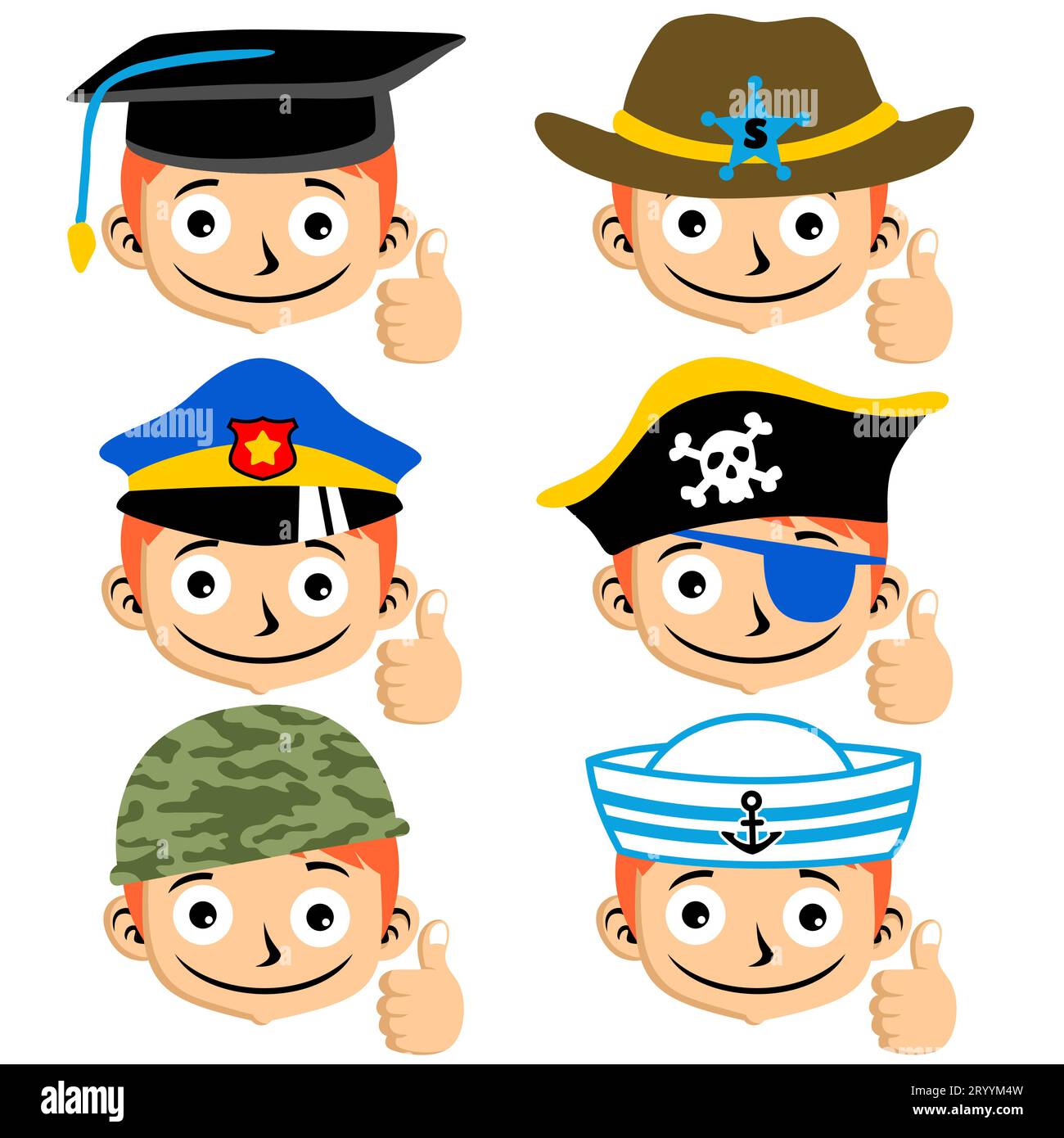 Set of boy with thumb up wearing different cap, vector cartoon illustration Stock Vector