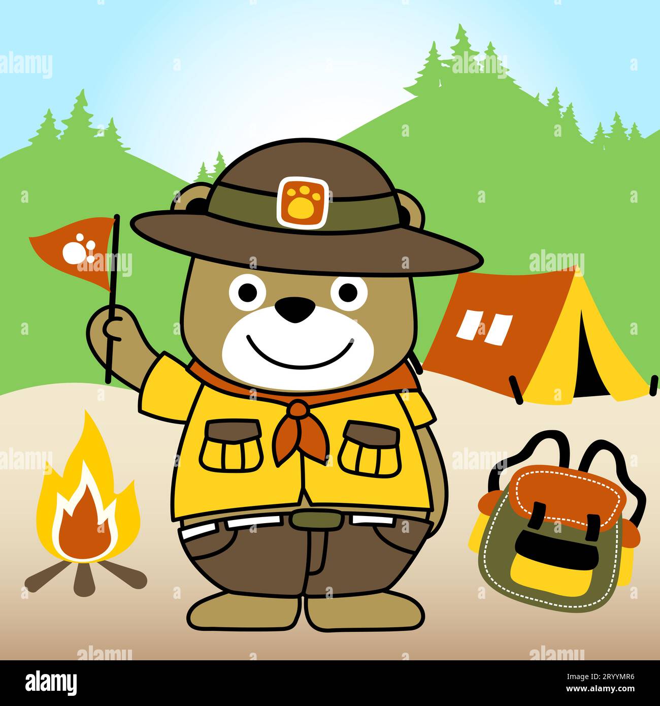 Cute bear in scout uniform with camping elements, vector cartoon