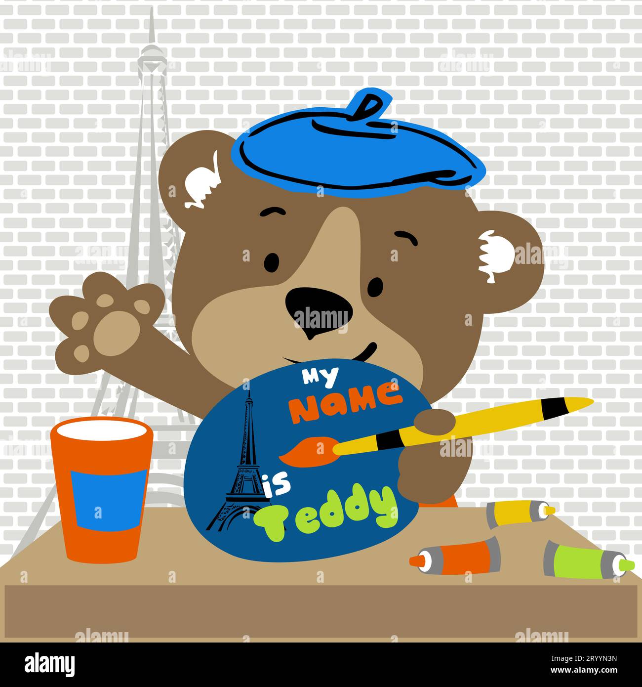 Cute bear the best painter on Eiffel tower background, vector cartoon illustration Stock Vector