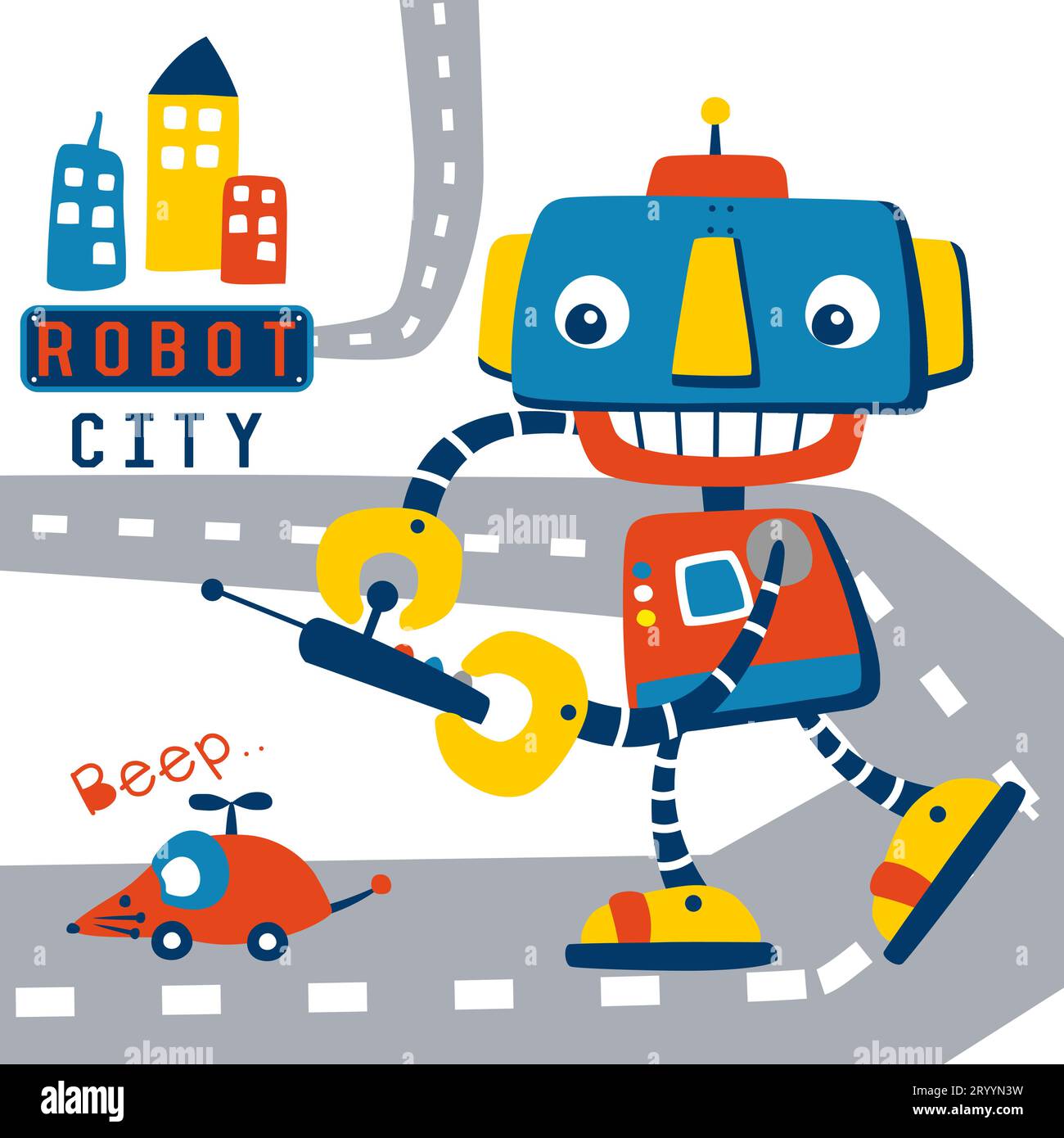 Funny robot operating remote control, vector cartoon illustration Stock
