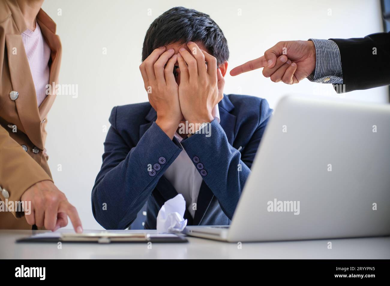 Angry boss Bullying with an out of control boss shouting to a stressed