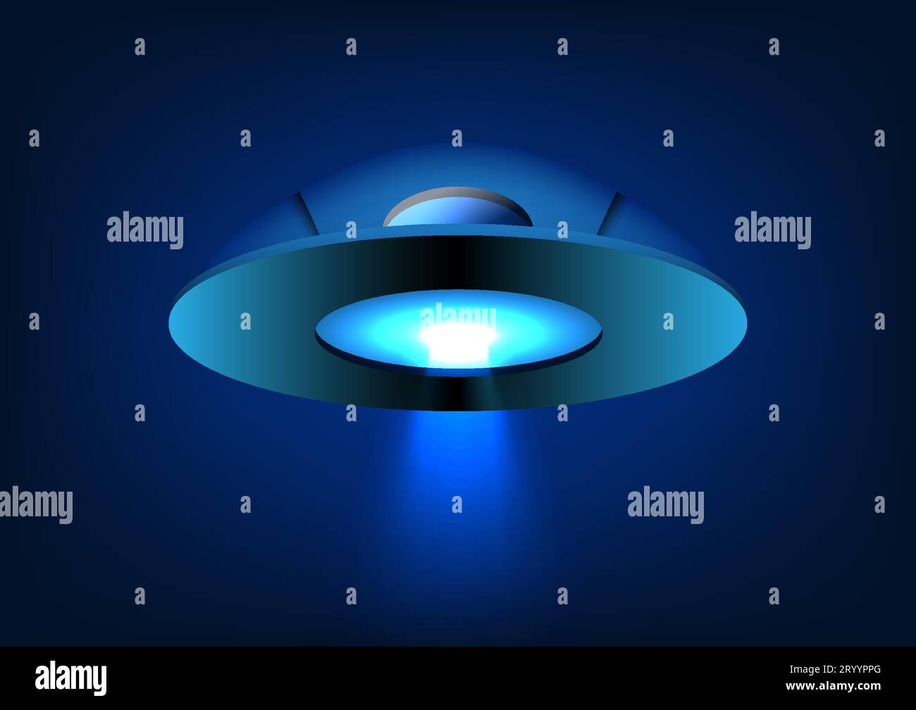UFO spaceship A beam of white light came out from the spacecraft. is a vector image Suitable for use as a decorative poster or as an illustration Stock Vector