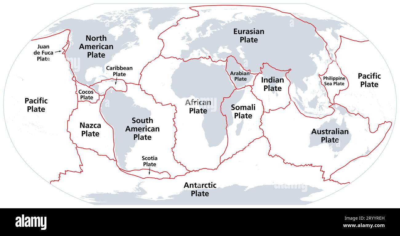 Principal tectonic plates of the Earth, gray map. The sixteen major pieces of crust and uppermost mantle of the Earth, called the lithosphere. Stock Photo