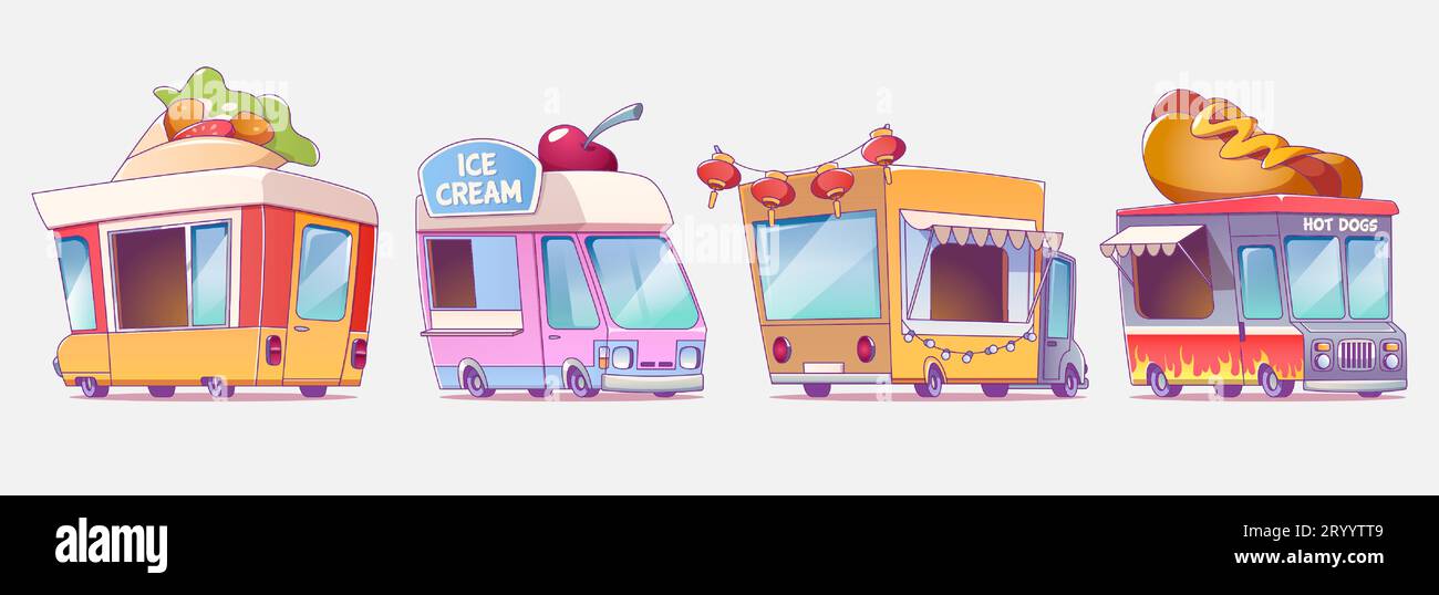 Food trucks for street market or amusement park concept. Cartoon vector