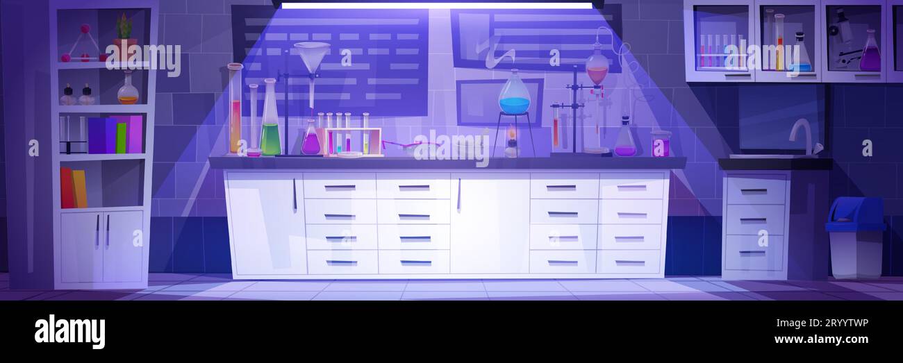 Night chemical laboratory interior with equipment. Vector cartoon