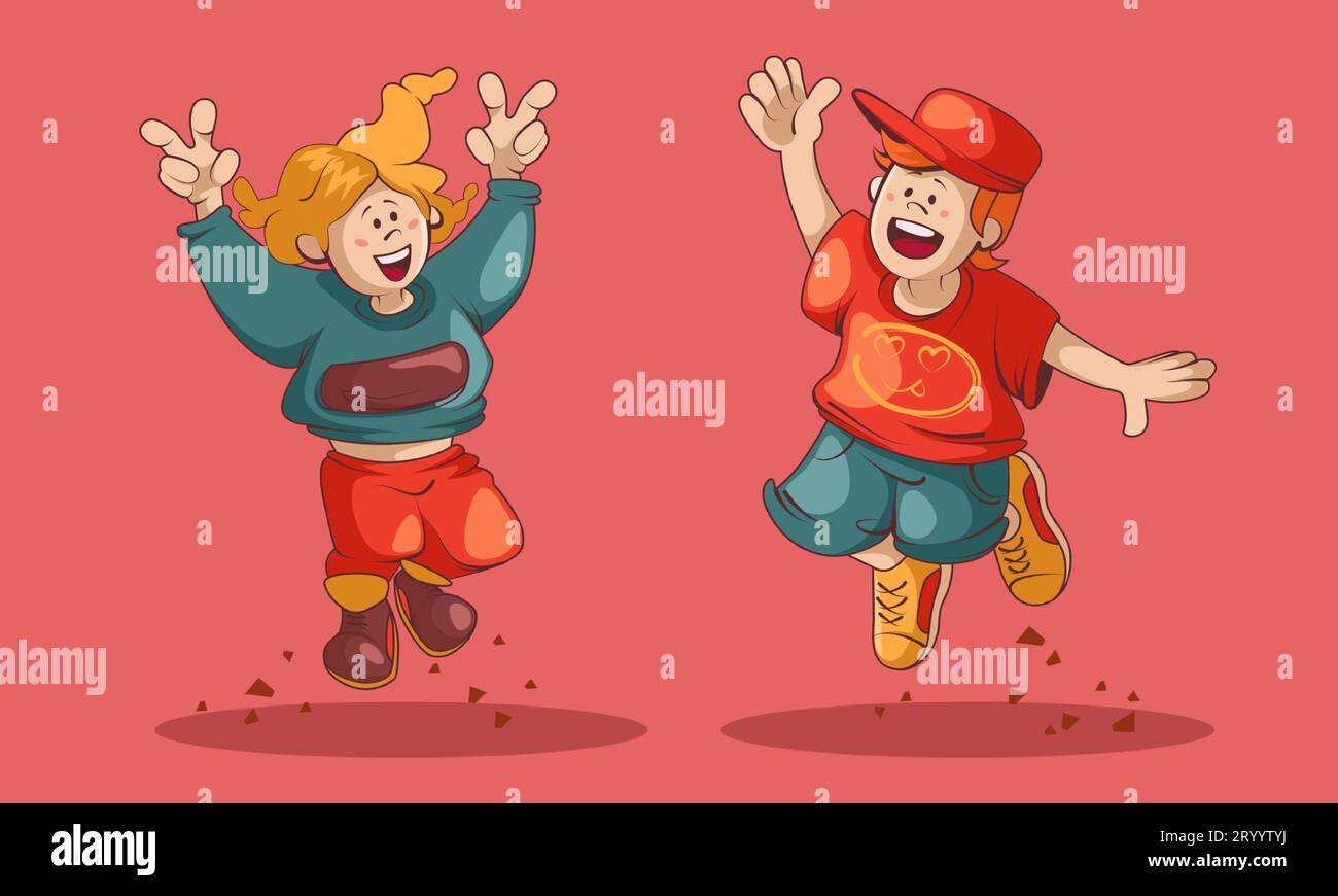 Happy girl and boy jump cartoon kid vector character illustration. Child have fun on party. Young friends clipart. Excited, positive funny dance celebrate and jumping teenage student in friendship Stock Vector