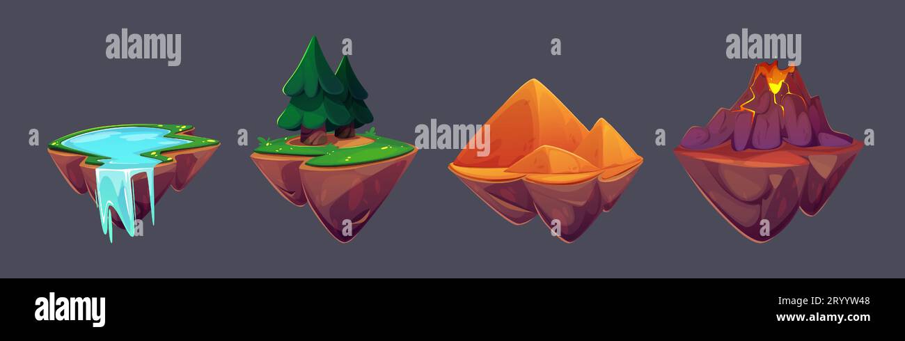 Game floating islands with lake and waterfall, green forest with fir trees, sandy desert surface with pyramids and volcano mountain with lava eruption. Flying pieces of ground for gui jump and level. Stock Vector