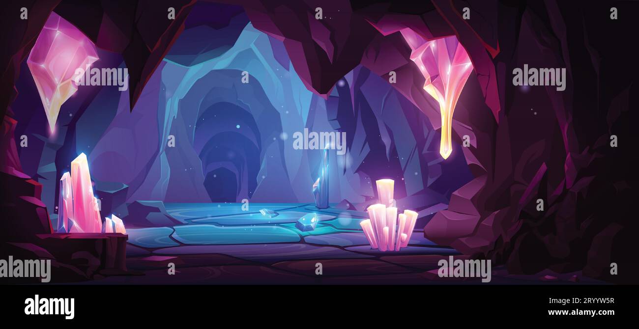 Dark cave with blue and pink shining crystal clusters in stone walls. Cartoon vector diamond mine or dungeon for game path or level. Rocky tunnel with glittering treasure mineral resources from inside Stock Vector