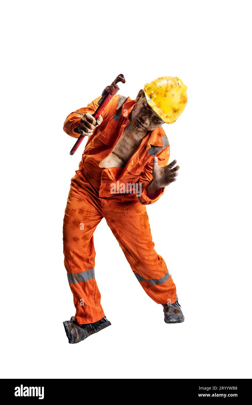 A scary construction worker zombie with blood and wounds on his body