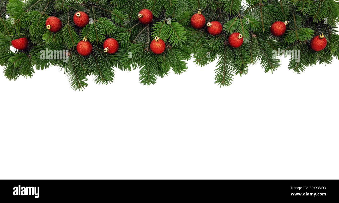 Christmas tree border and ornaments decoration isolated on white ...