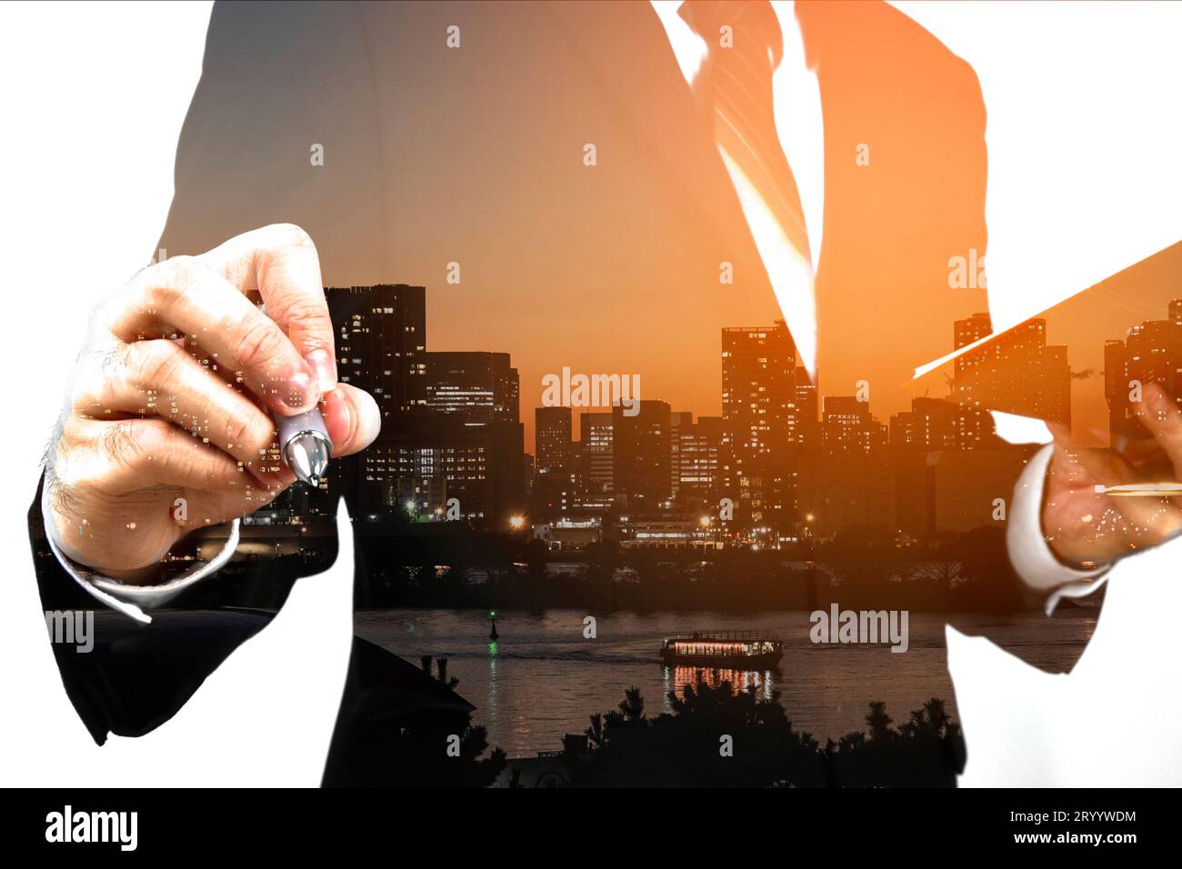 Businessman holding memo and ready to write down. Double exposure, panoramic view contemporary megalopolis background, orange su Stock Photo