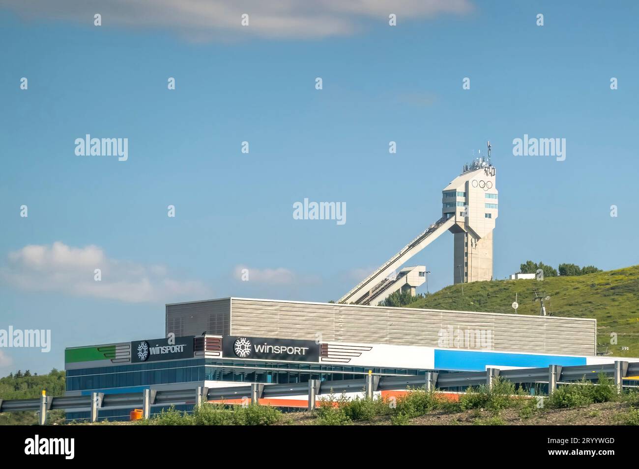 Calgary, Alberta, Canada. Aug 1, 2023. WinSport Canada Olympic Park. A ski hill and multi-purpose training and competition facil Stock Photo