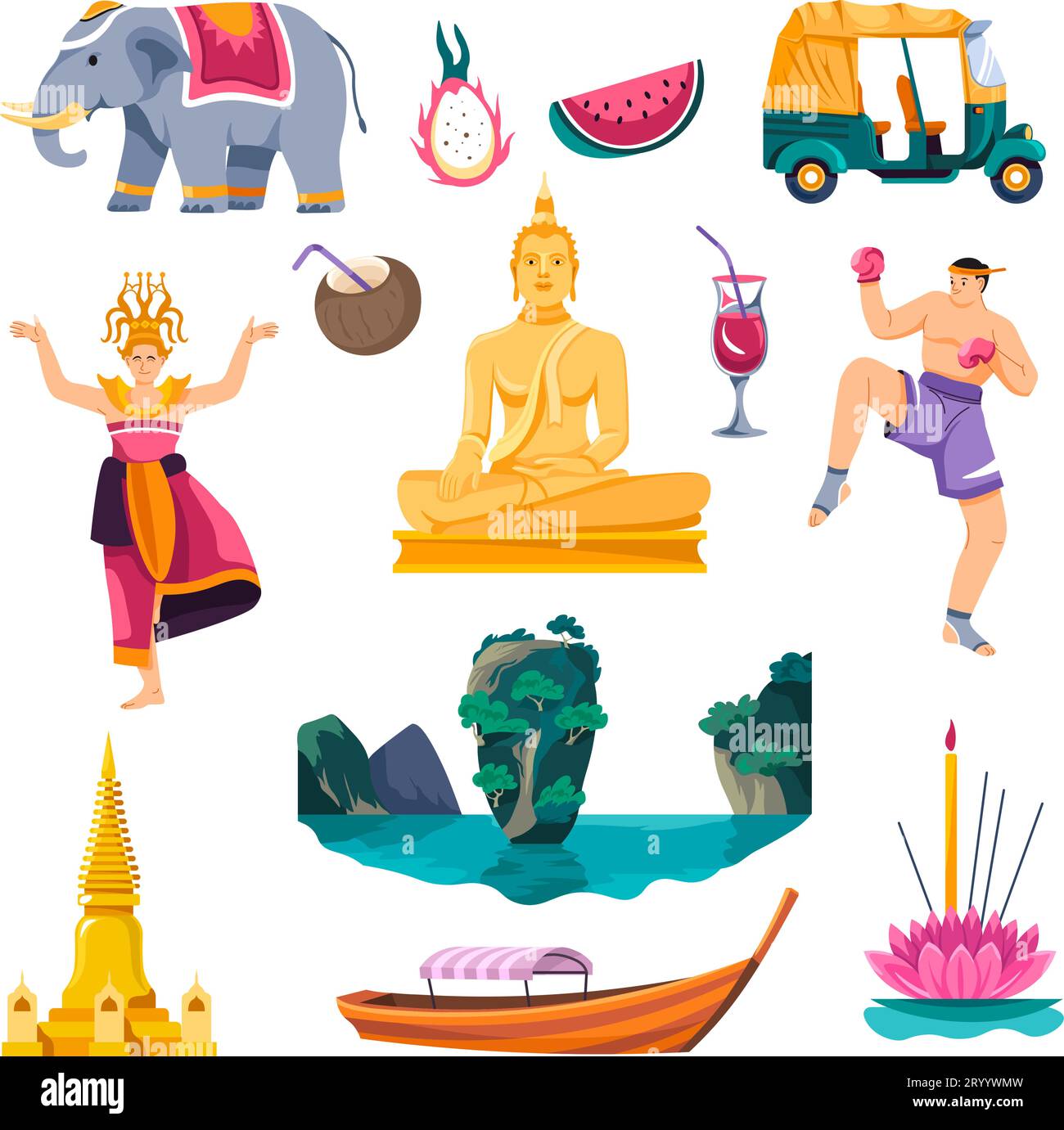 Thailand culture and tourism, landmarks and fruits Stock Vector