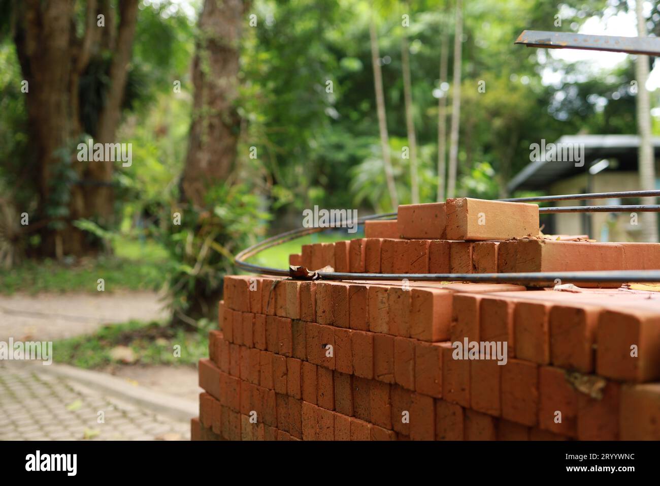 Pallet a red brick building material stack of new red bricks for