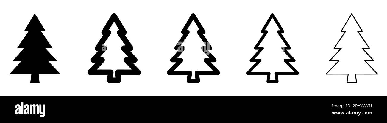 Christmas tree icon. Set of black outline christmas tree icons isolated ...