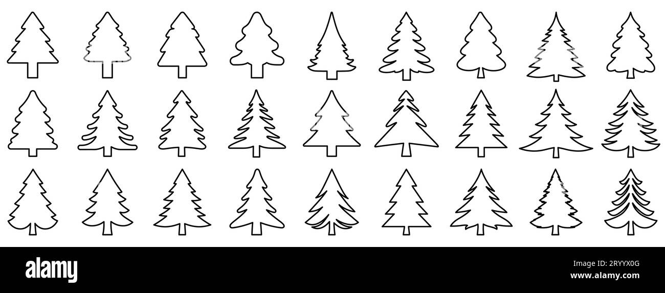 Christmas tree icon. Set of black outline christmas tree icons on white ...