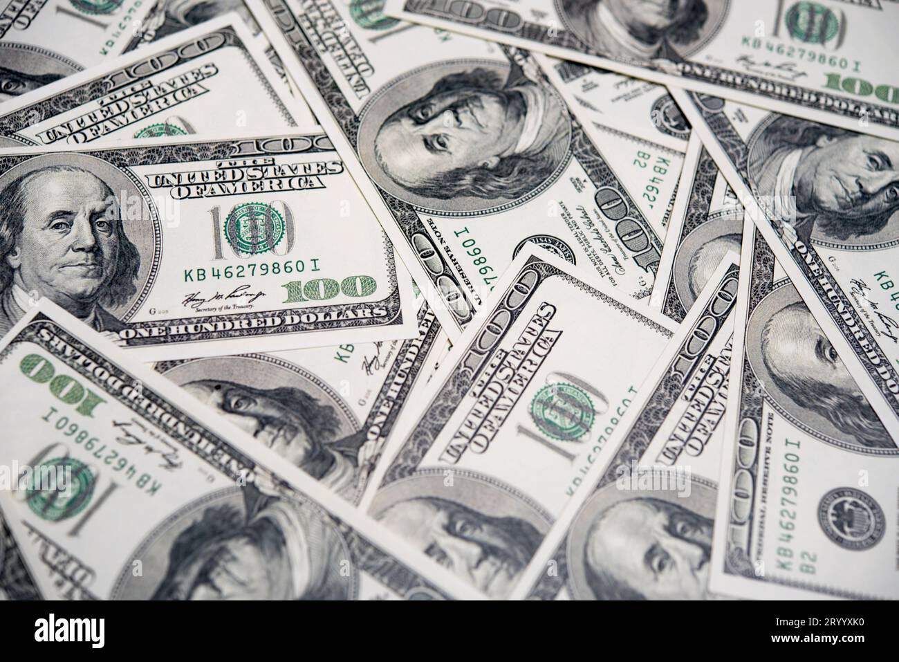 A pile of hundred dollar bills, Economic of America concept Stock Photo