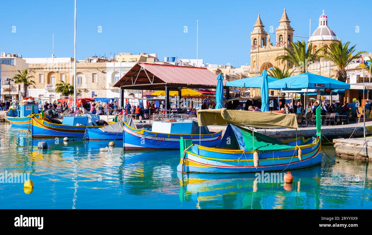 Malta Marsaxlokk harbor fishing boats colorful Malta Stock Photo - Alamy