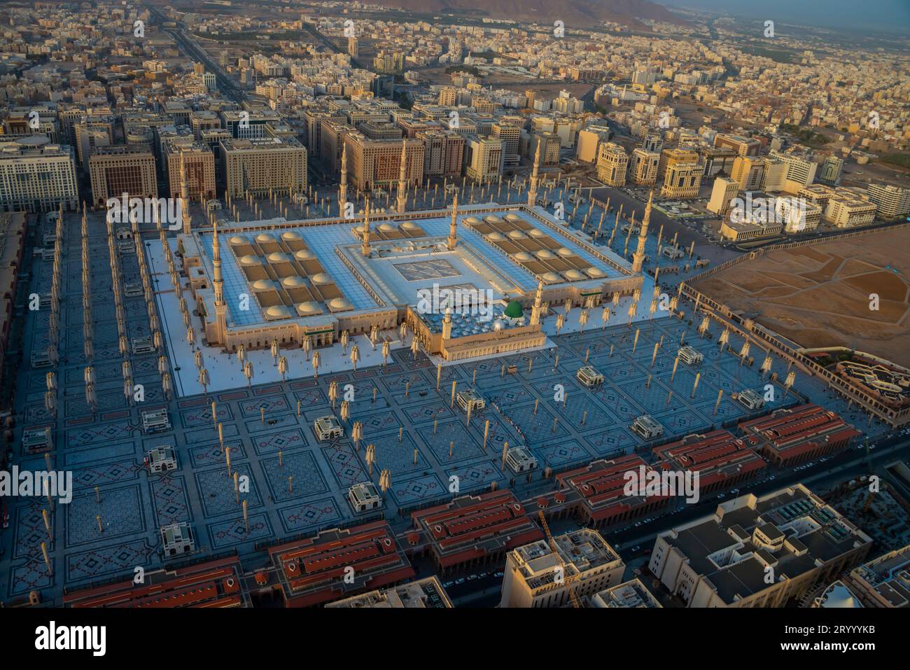 A breathtaking glimpse from the heavens above: the Holy Prophet's Mosque (Masjid Nabawi) in Medina, Saudi Arabia. Stock Photo