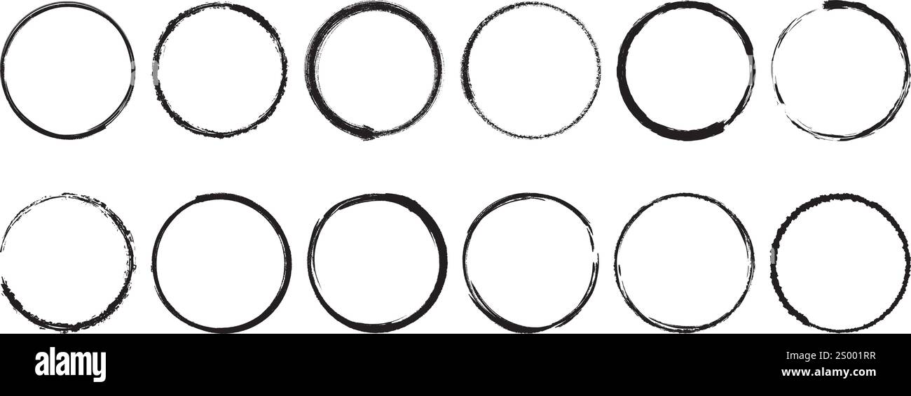 Grunge round ink shapes set. Collection of circular black rough shapes. Simple circle frame clip art. Vector graphics Stock Vector