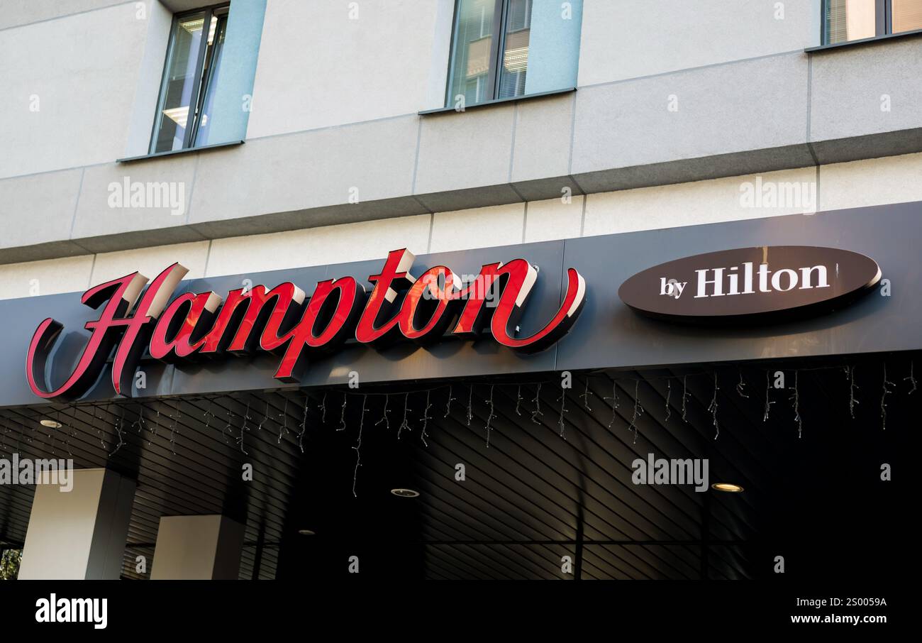 Hampton Inn Chain Minsk, Belarus, December 23, 2024 - Hampton by Hilton hotel sign ...