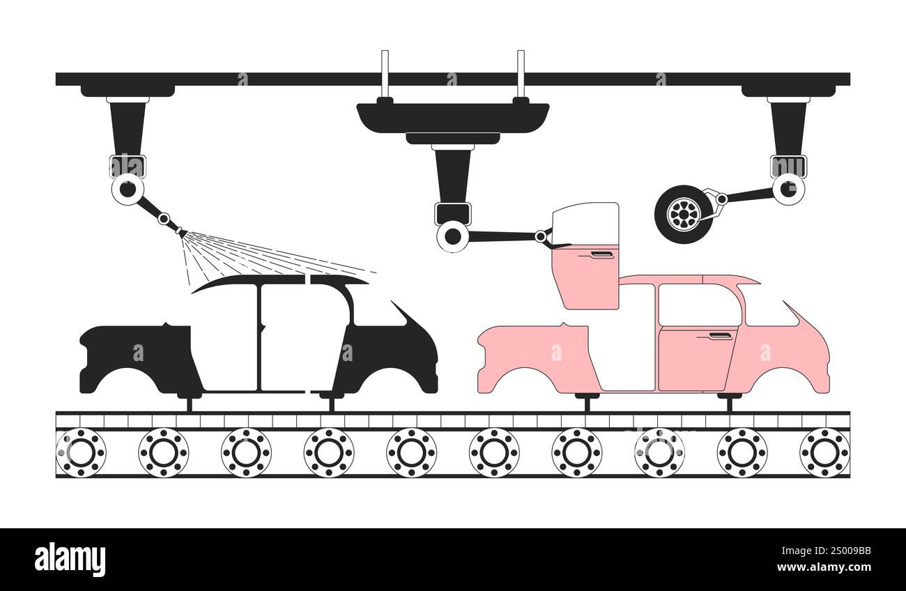 Automotive assembly line black and white 2D object Stock Vector