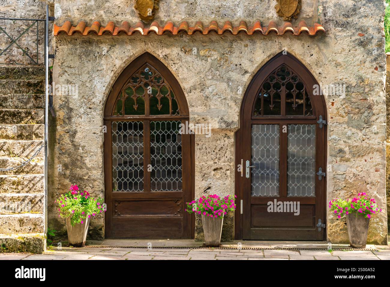 Charming Historic Doors with Flower Pots in Summer, Germany Stock Photo ...