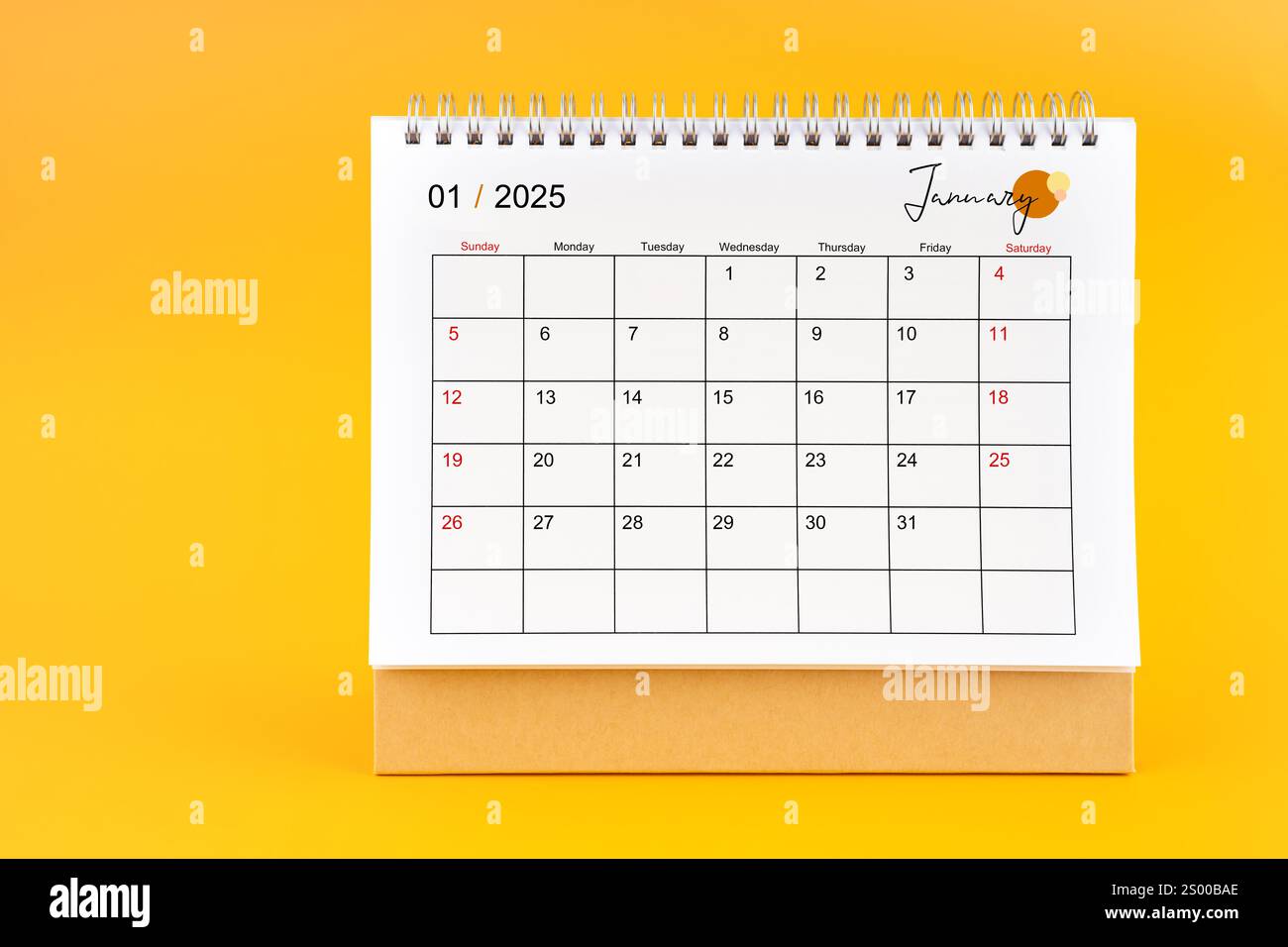 January 2025, Monthly desk calendar for 2025 year on yellow color