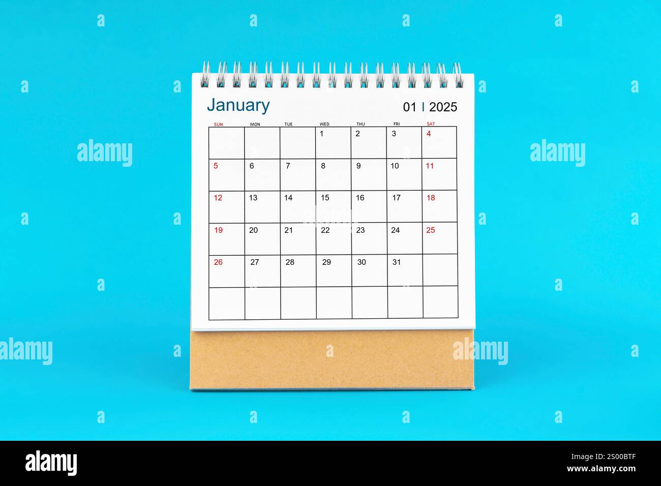 January 2025, Monthly desk calendar for 2025 year on Blue color