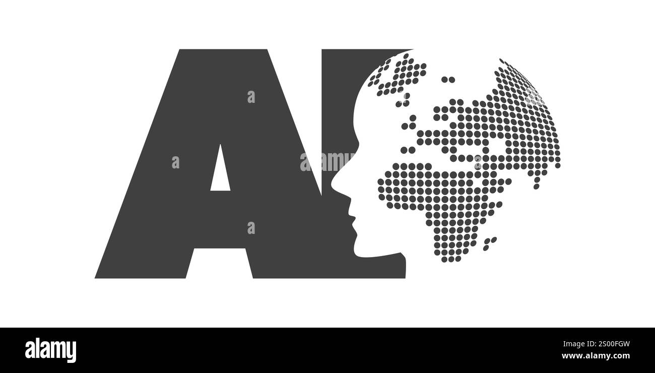 Black and White Machine Learning, Artificial Intelligence, Cloud Computing and Global Networks Design Concept with Dotted Earth Globe Inside a Robot H Stock Vector