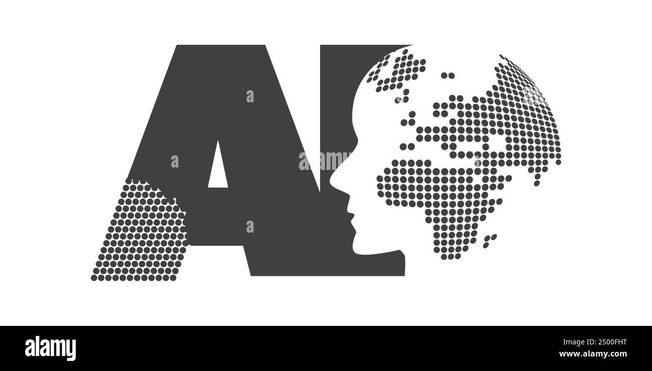 Black and White Machine Learning, Artificial Intelligence, Cloud Computing and Global Networks Design Concept with Dotted Earth Globe Inside a Robot H Stock Vector