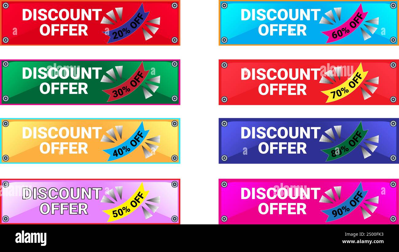Set of Eight sale rectangular banners with 20 30 40 50 60 70 80 and 90 percent with different colors Stock Vector