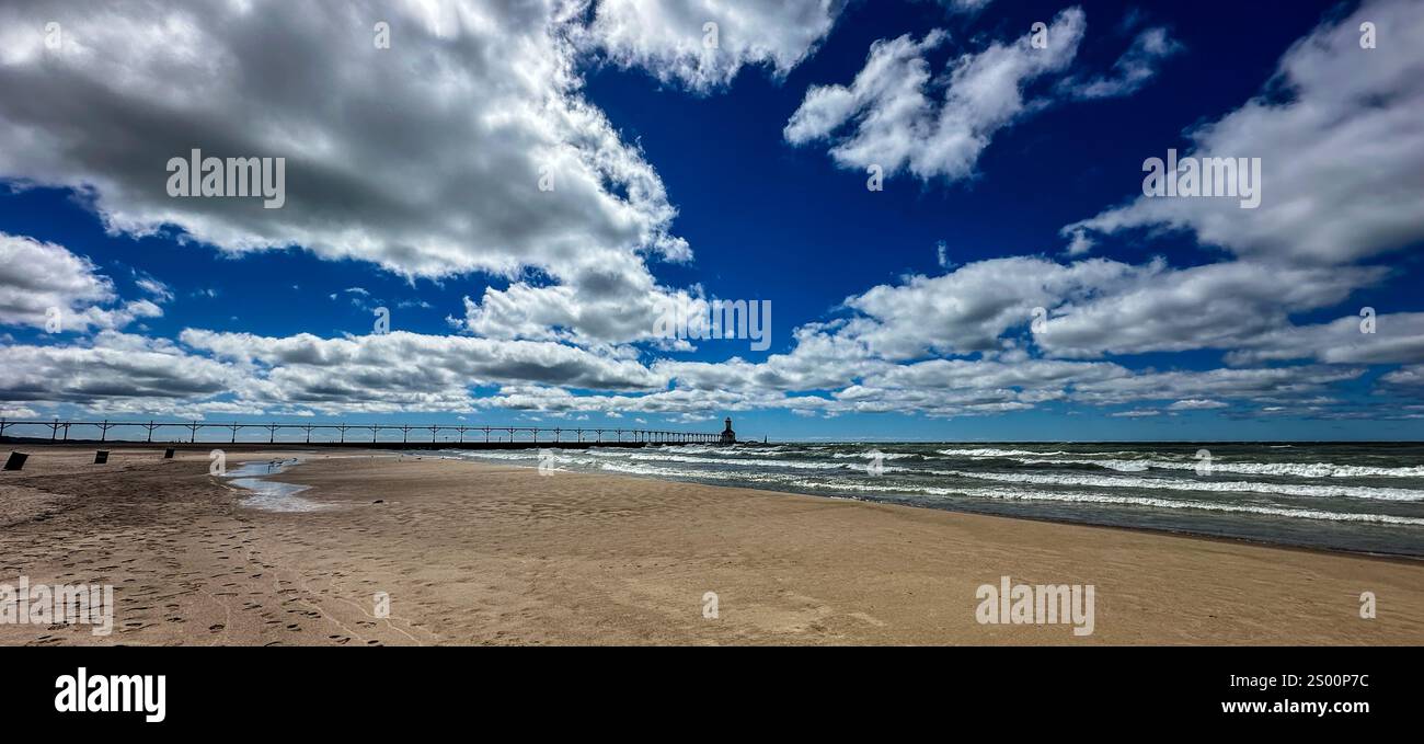 Panoramic landscape of the beach and Michigan City Lighthouse in summer - Smartphone Captured Stock Image