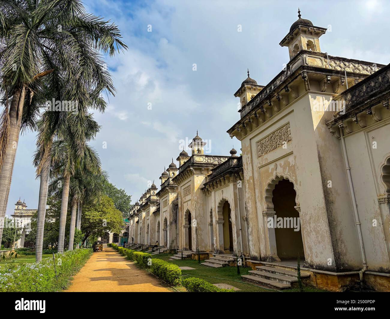 The view of Chowmahalla Palace in Hyderabad India, was the royal residence of the Nizams, blending Indian, Persian, and European styles. Stock Photo