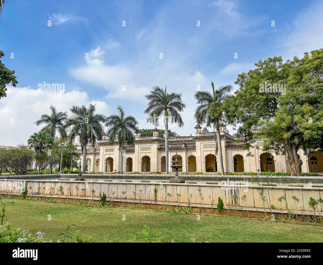 The view of Chowmahalla Palace in Hyderabad India, was the royal residence of the Nizams, blending Indian, Persian, and European styles. Stock Photo