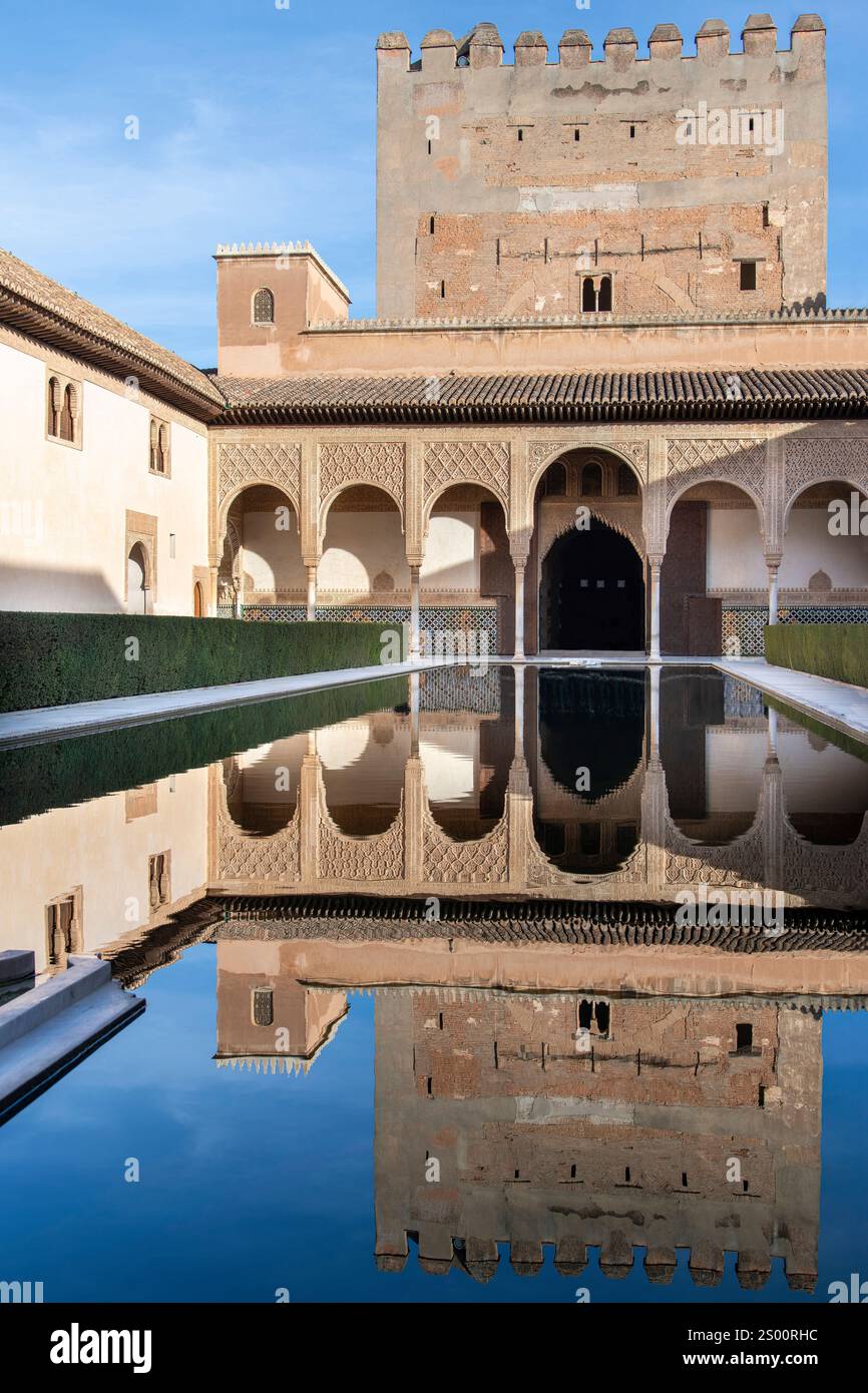 Granada, Spain-February 7, 2024; The Court of the Myrtles (Patio de los Arrayanes) of Comares Palace (Palacio de Comares) inside Alhambra palace with Stock Photo